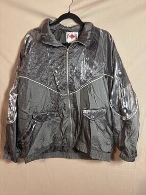 Vtg 90s Active Frontier Womens Gray Shiny Metallic Silver Windbreaker Jacket 2X